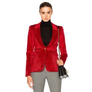 SMYTHE Peaked Lapel Corduroy Scarlet Red Blazer Leather Elbow Patches Size 4